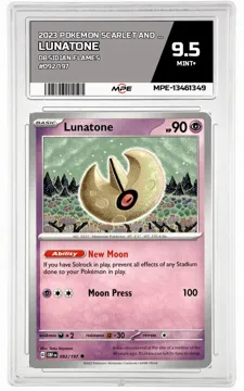 2023 POKEMON SCARLET AND VIOLET OBSIDIAN FLAMES #092/197 Lunatone MPE 9.5 MINT+ — graded card up for auction
